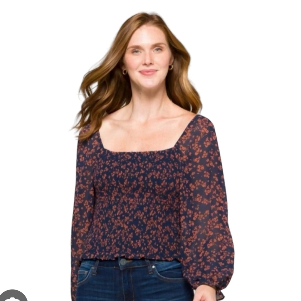 Lush Navy and Coral Floral Blouse